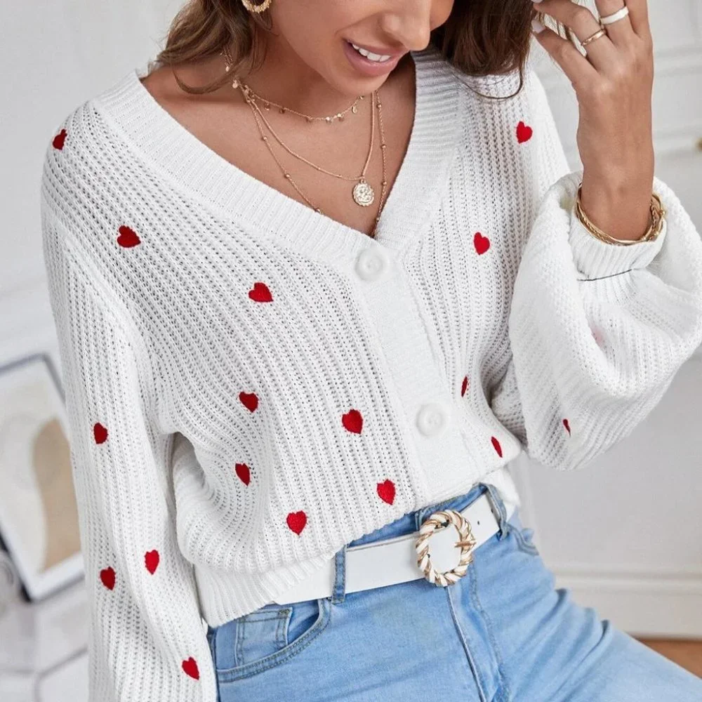 Heart Embroidered Bishop Sleeve knit Sweater Cardigan - Picture 4 of 5